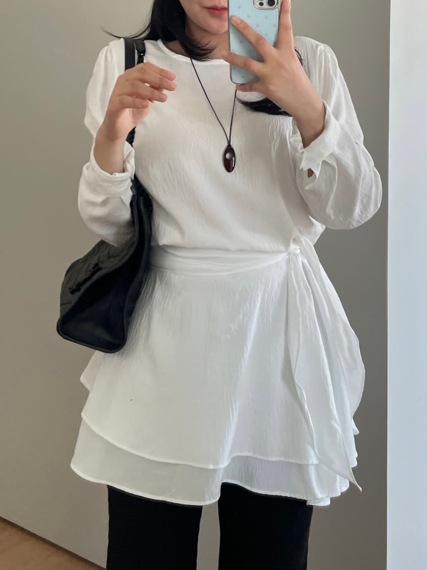 한국 chic 가을 새로운 쉬폰 긴팔 허리 수축 레이스업 드레스 이미지 3