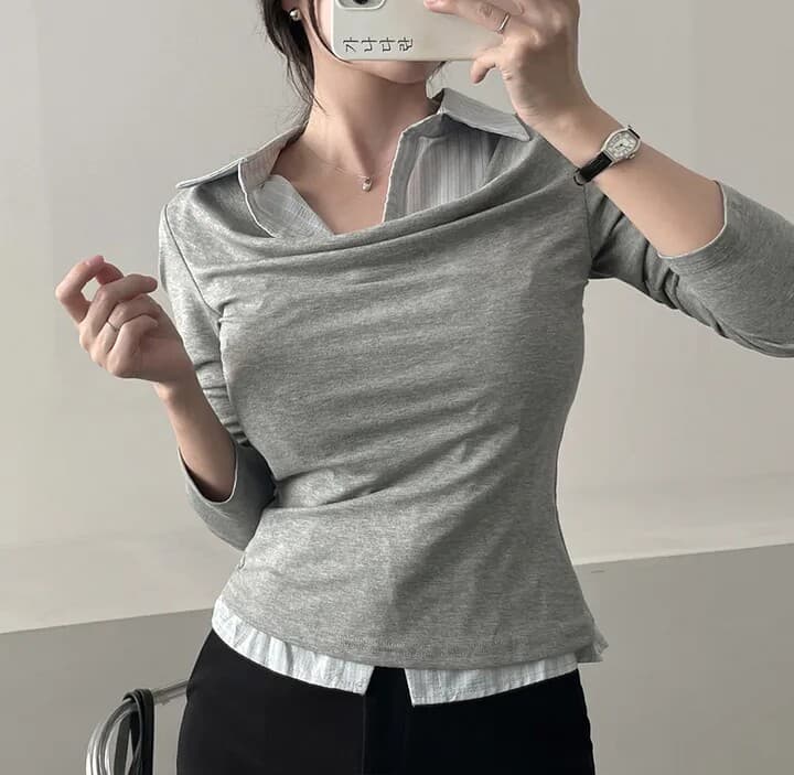 이른 가을 새로운 긴팔 티셔츠 여성 의류 한 부서 학원 스타일 폴로 칼라 페이크 레이어드 셔츠 몸매 가꾸기 연령 감소 긴팔 맨위 이미지 2