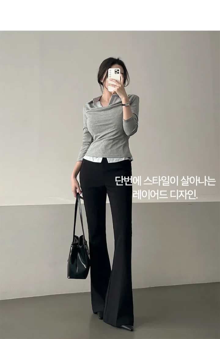 이른 가을 새로운 긴팔 티셔츠 여성 의류 한 부서 학원 스타일 폴로 칼라 페이크 레이어드 셔츠 몸매 가꾸기 연령 감소 긴팔 맨위 상세 이미지 1