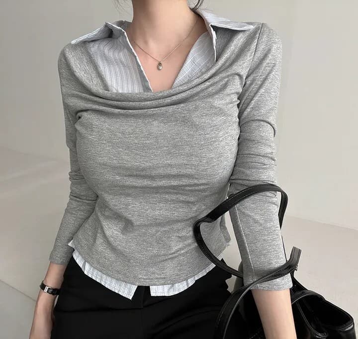 이른 가을 새로운 긴팔 티셔츠 여성 의류 한 부서 학원 스타일 폴로 칼라 페이크 레이어드 셔츠 몸매 가꾸기 연령 감소 긴팔 맨위 상세 이미지 7