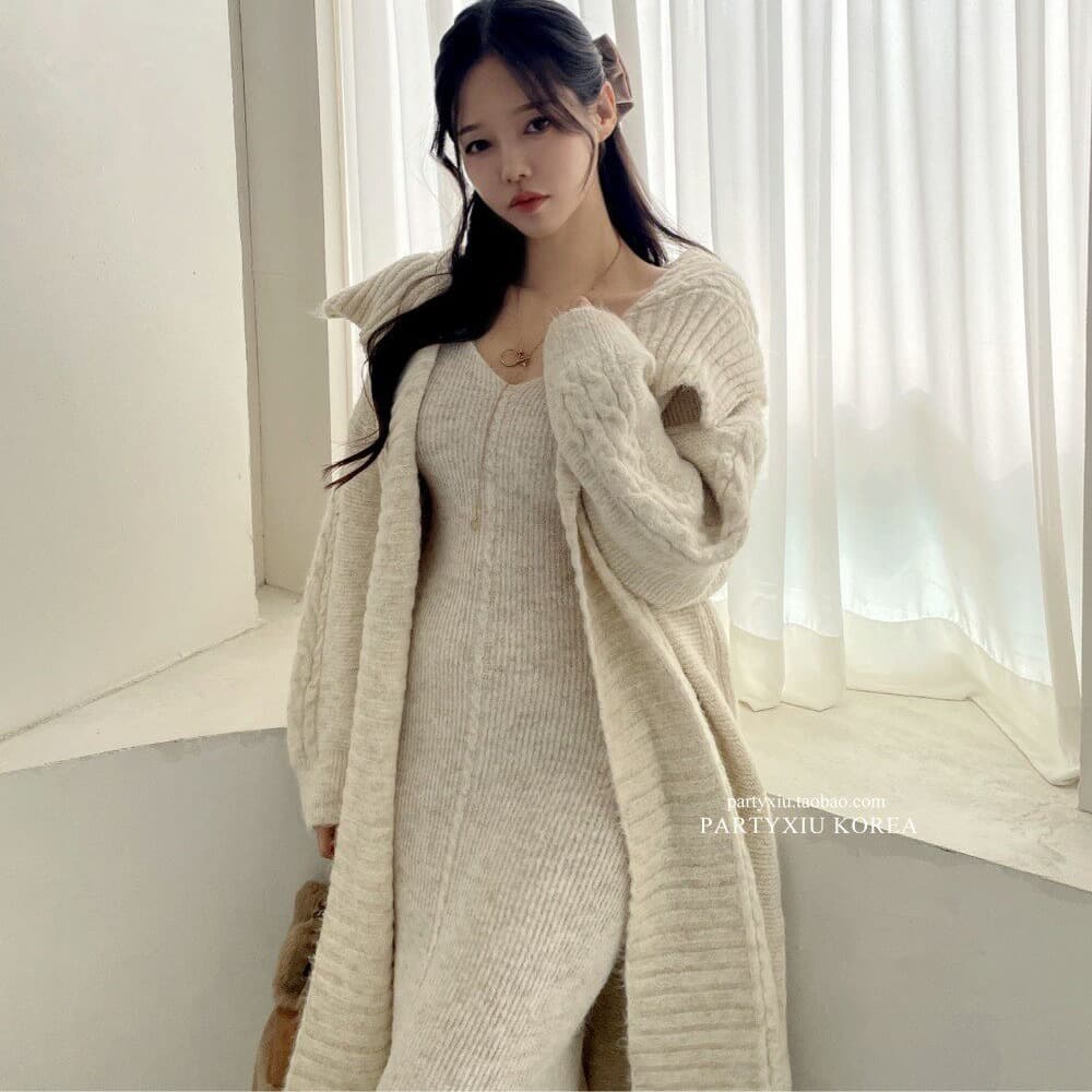 한국 스타일 느긋한 루즈핏 롱 코트 폴로 칼라 카디건 코트 스웨터 몸매 가꾸기 슬립 드레스 투피스 슈트