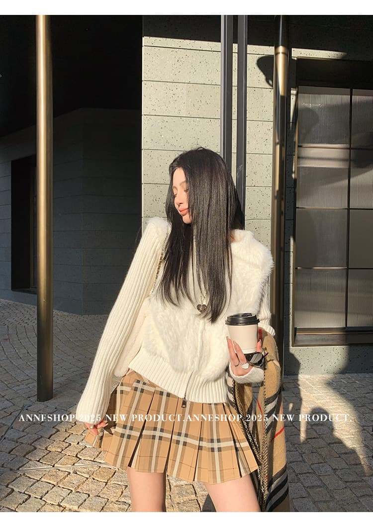 anneshop 눈 따뜻한 빛 수달 털 패치워크 니트 여성 코트 느긋한 품격 지퍼 오픈 가디건 스웨터 상세 이미지 5