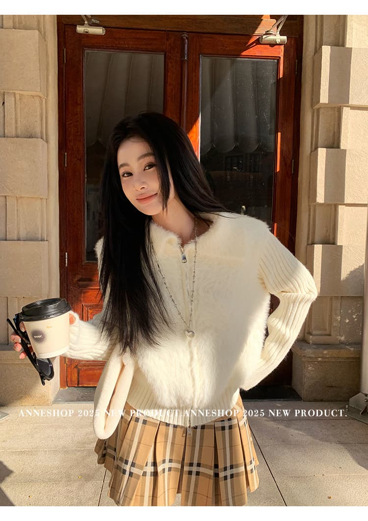 anneshop 눈 따뜻한 빛 수달 털 패치워크 니트 여성 코트 느긋한 품격 지퍼 오픈 가디건 스웨터 상세 이미지 7