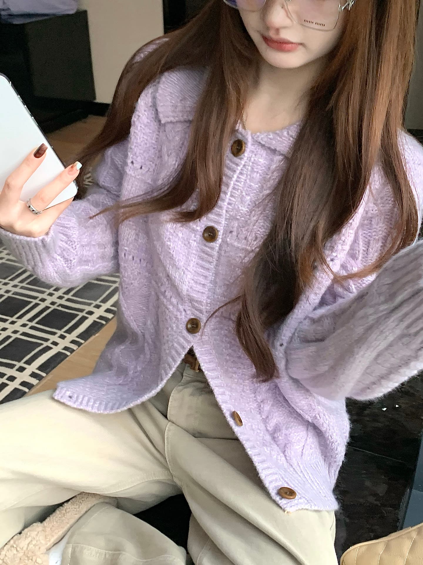 hanzhiyou 가을 찹쌀 찹쌀 폴로 칼라 니트 스웨터 가을 겨울 연령 감소 다용도 자카드 오픈 가디건 맨위 여성 상세 이미지 5