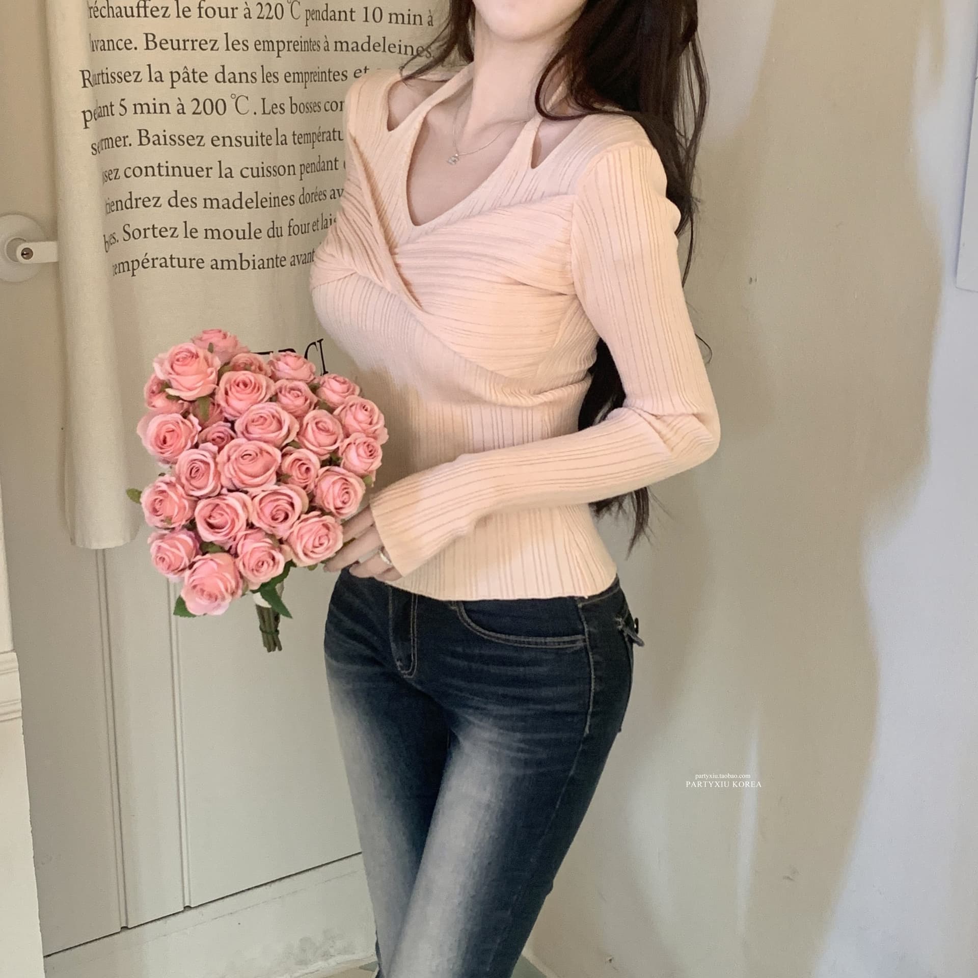 한 부서 가을과 겨울 행침 목 슬립 오프숄더 긴팔 맨위 니트 스웨터 만나는 상세 이미지 4