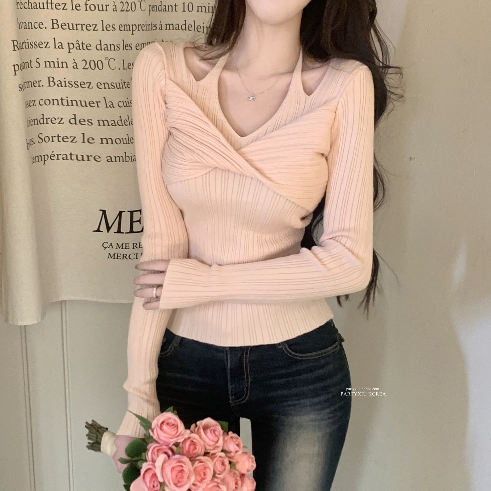 한 부서 가을과 겨울 행침 목 슬립 오프숄더 긴팔 맨위 니트 스웨터 만나는 상세 이미지 8