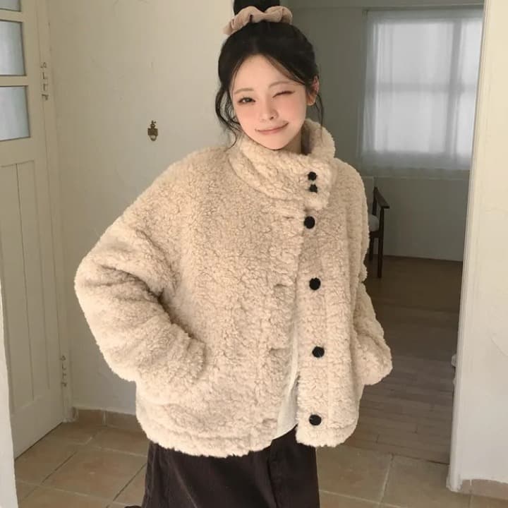 한국 chic 가을 겨울 스탠드 칼라 품격 학원 스타일 작은 키 연령 감소 쇼트 스타일 양털 두꺼운 짧은 여성 코트 이미지 2