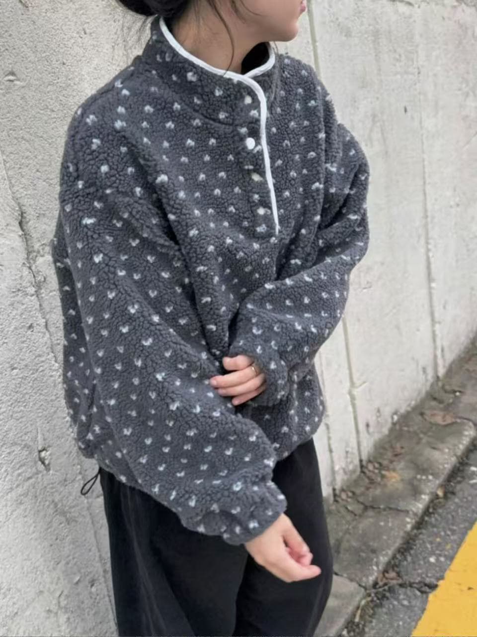 귀여운 ~ 중 이자 많이 슈퍼 따뜻한 플리스 하프 열기 털이 있는 풀오버 면 옷 한 부서 도트 무늬 후드티 상세 이미지 12