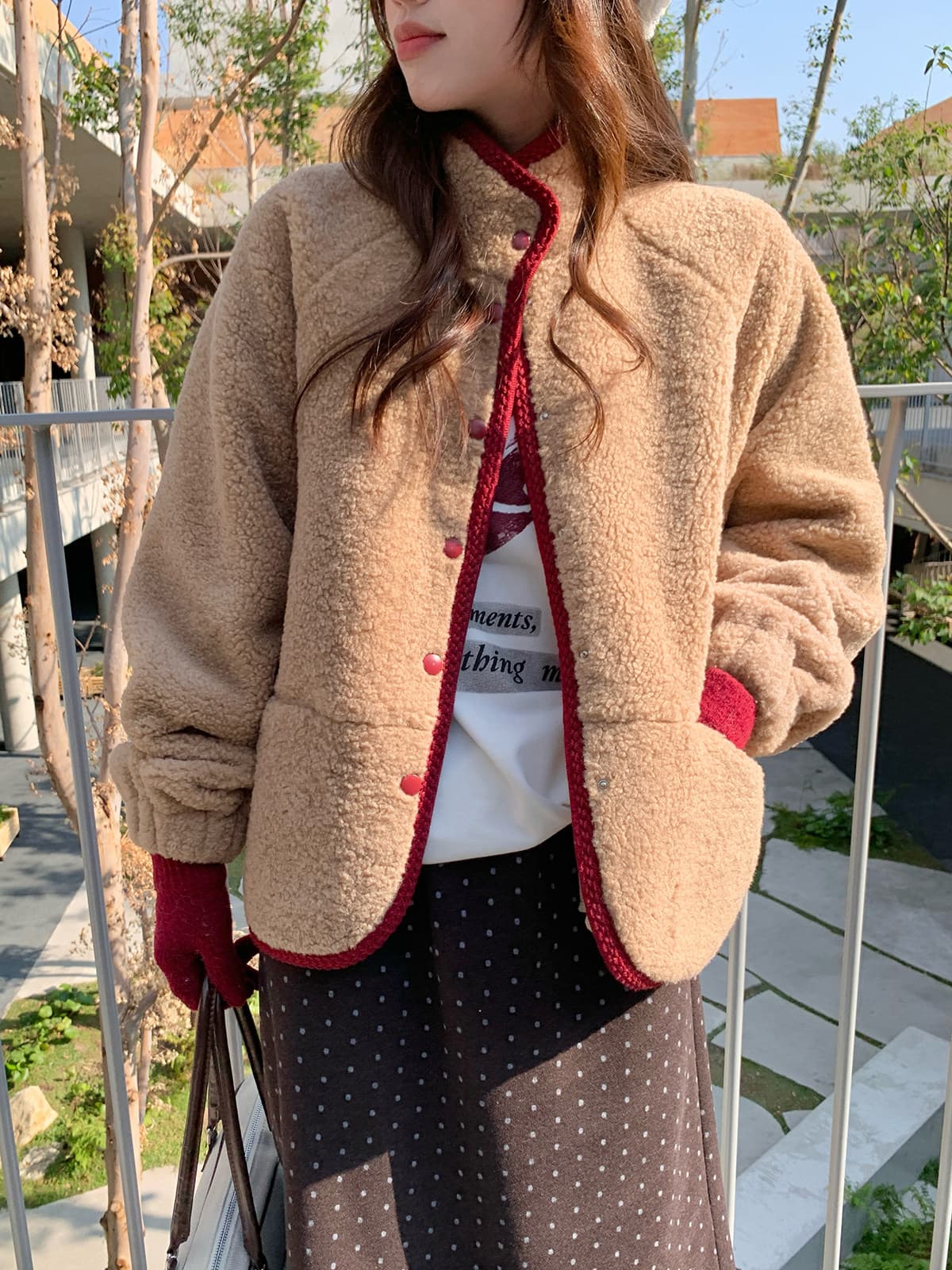 다우 시시 토끼 폴로 칼라 양털 여성 코트 피모 하나 한 부서 품격 보온 면 의류 루즈핏 다용도 맨위 상세 이미지 7