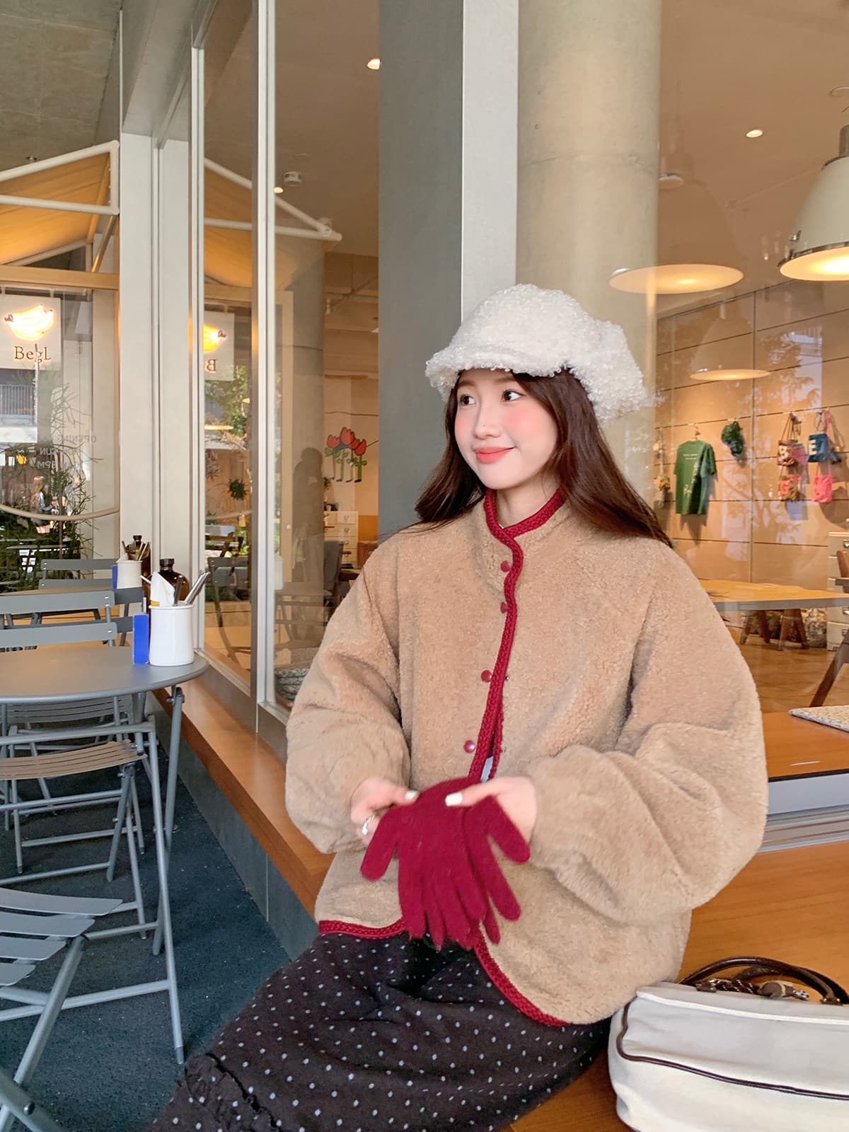 다우 시시 토끼 폴로 칼라 양털 여성 코트 피모 하나 한 부서 품격 보온 면 의류 루즈핏 다용도 맨위 상세 이미지 9