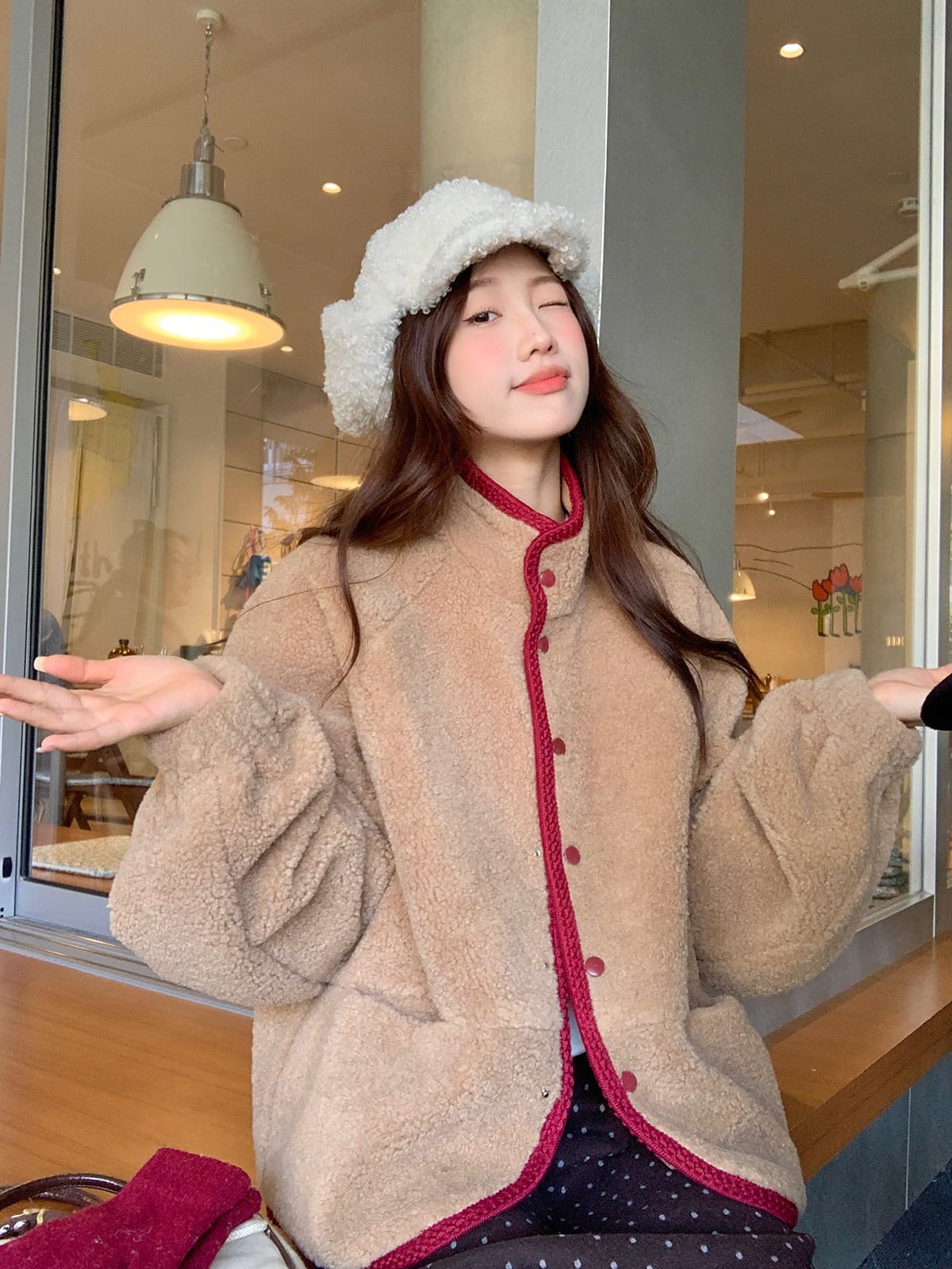 다우 시시 토끼 폴로 칼라 양털 여성 코트 피모 하나 한 부서 품격 보온 면 의류 루즈핏 다용도 맨위 상세 이미지 16
