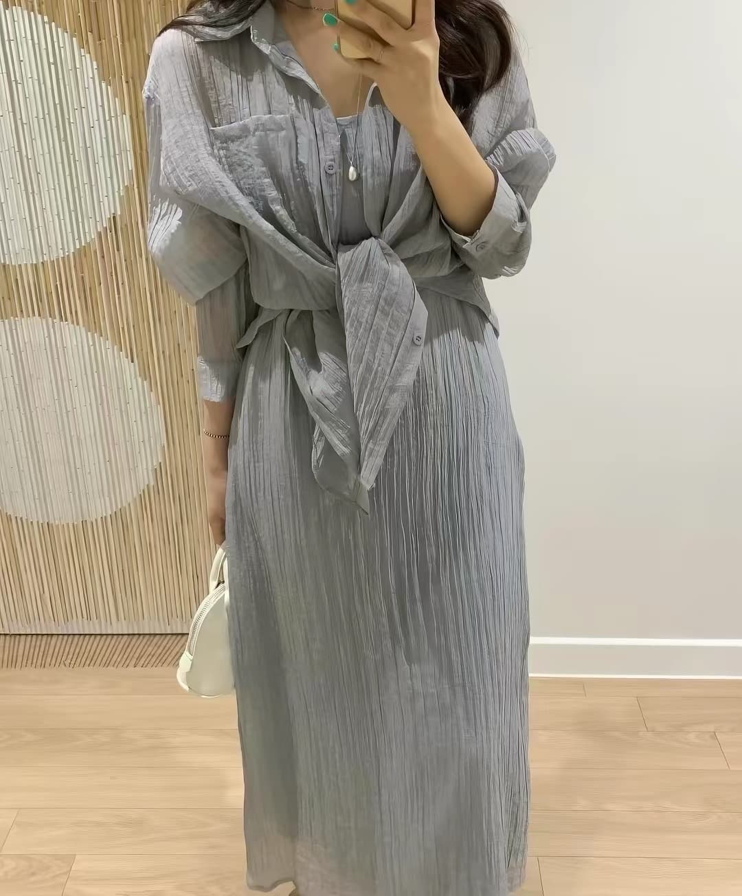 한국 스타일 부드러운 미니멀리즘 Pleat 곡물 셔츠 슬립 롱 스커트 투피스 슈트 이미지 4