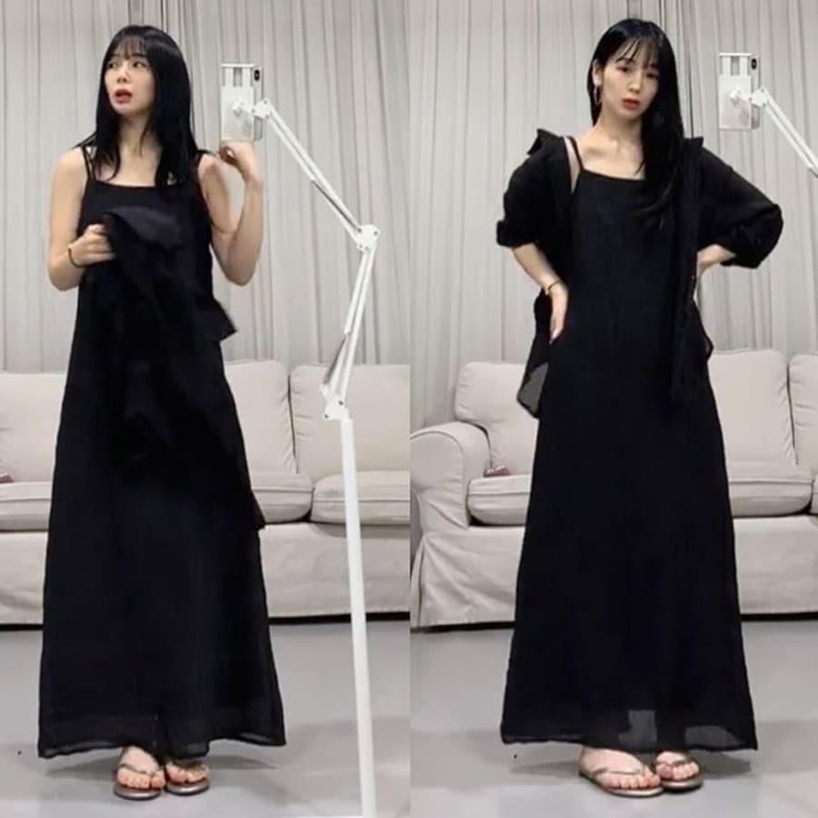 한국 스타일 부드러운 미니멀리즘 Pleat 곡물 셔츠 슬립 롱 스커트 투피스 슈트 이미지 3