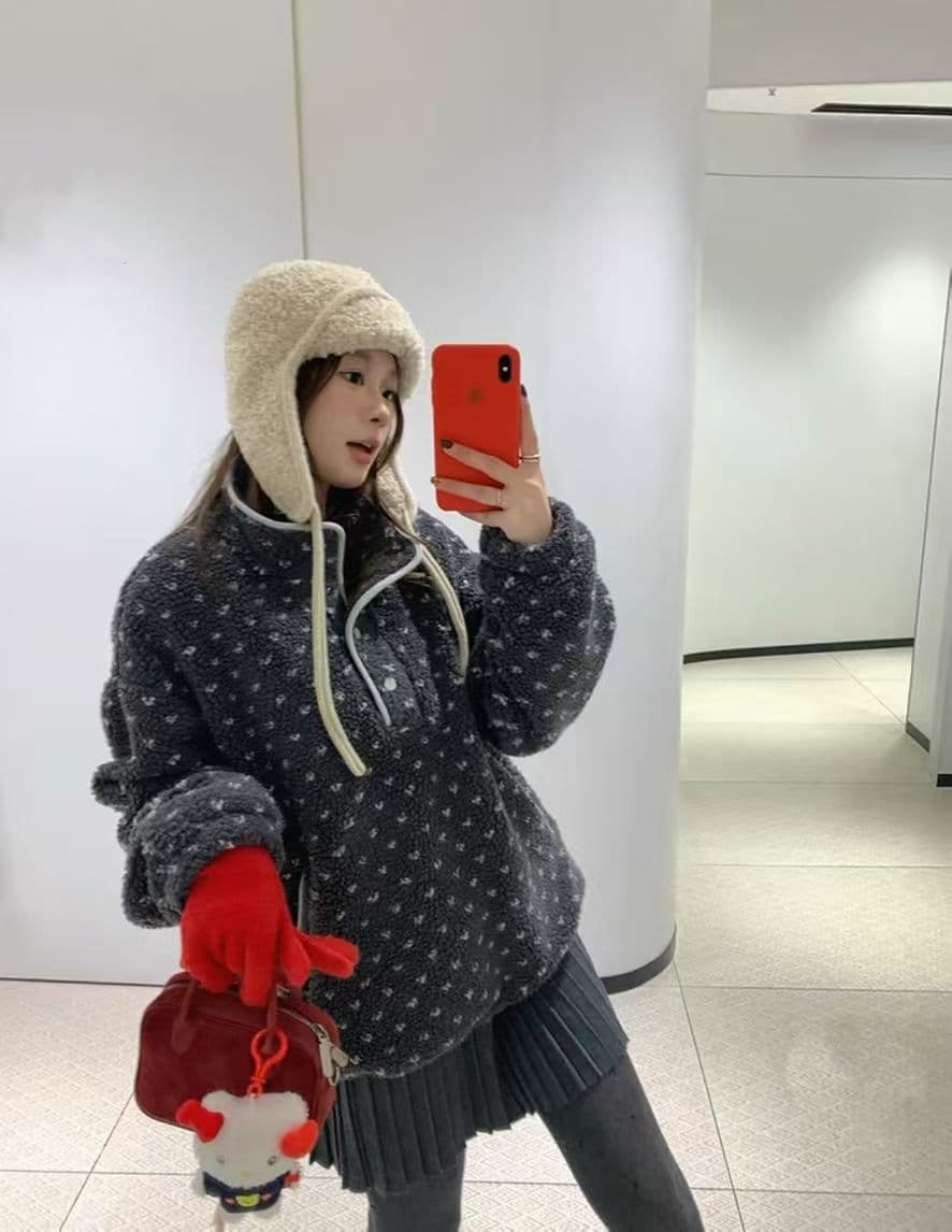 귀여운 ~ 중 이자 많이 슈퍼 따뜻한 플리스 하프 열기 털이 있는 풀오버 면 옷 한 부서 도트 무늬 후드티 상세 이미지 2