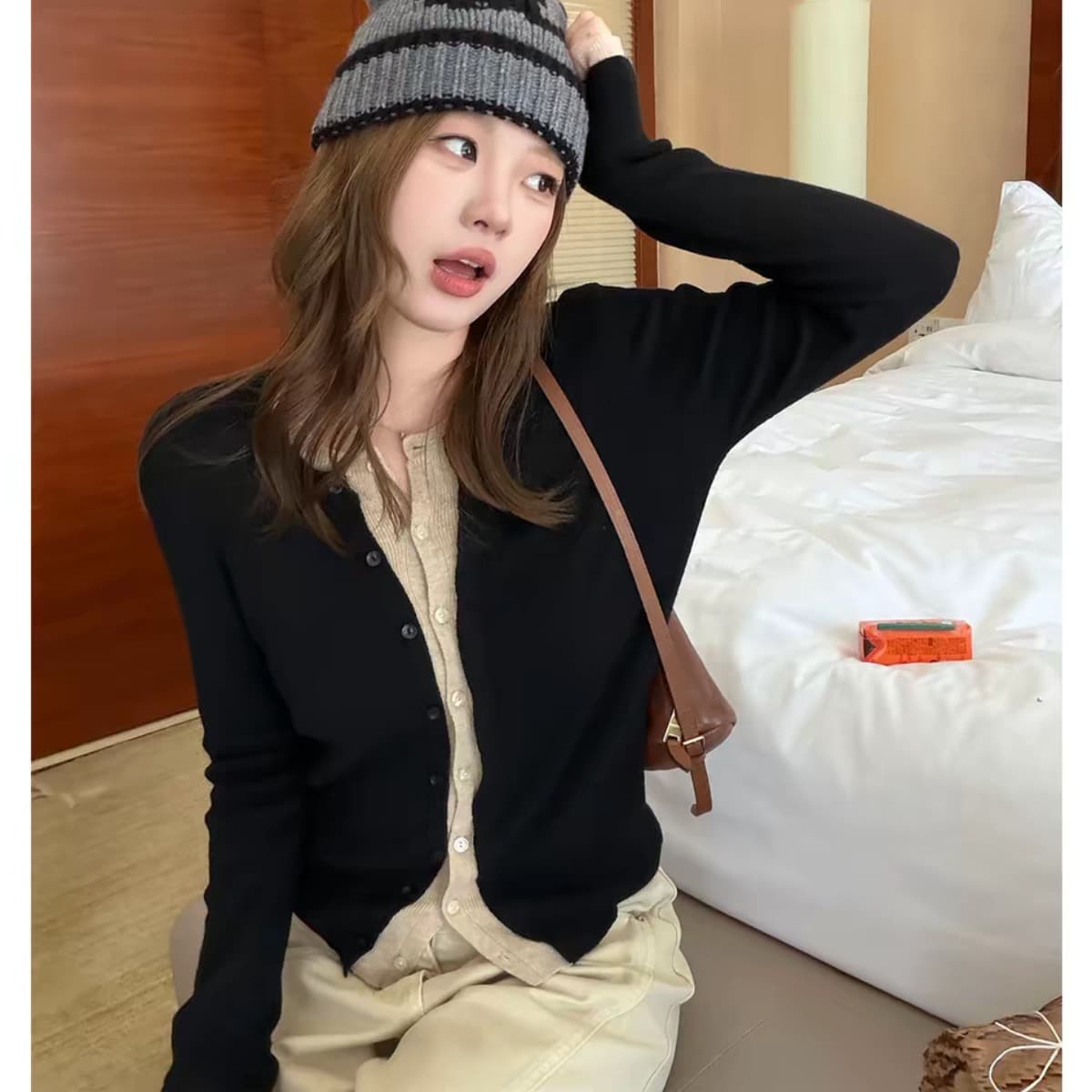 im ~까지 세련된 스택 음악 한 부서 계층의 감각 몸매 가꾸기 맨위 여성 페이크 레이어드 패치워크 색상 양모 니트 오픈 가디건 이미지 4
