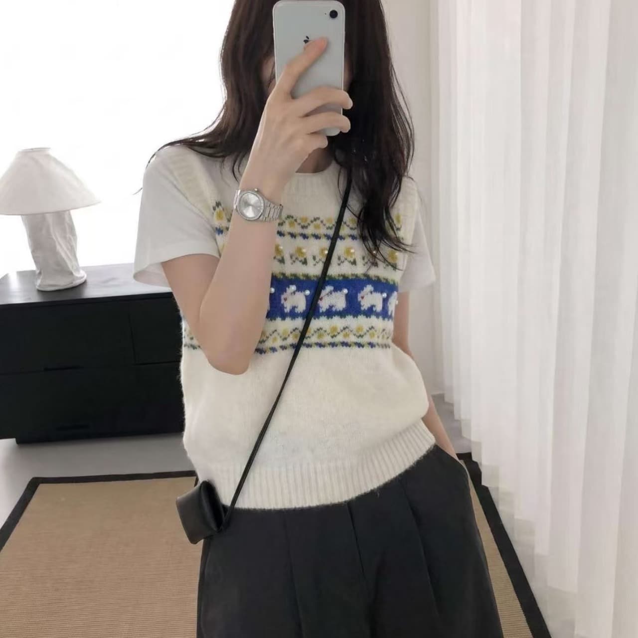 ins 바람 작은 청신 자수 어린애 같은 스웨터 조끼 베스트 풀오버 패치워크 색상