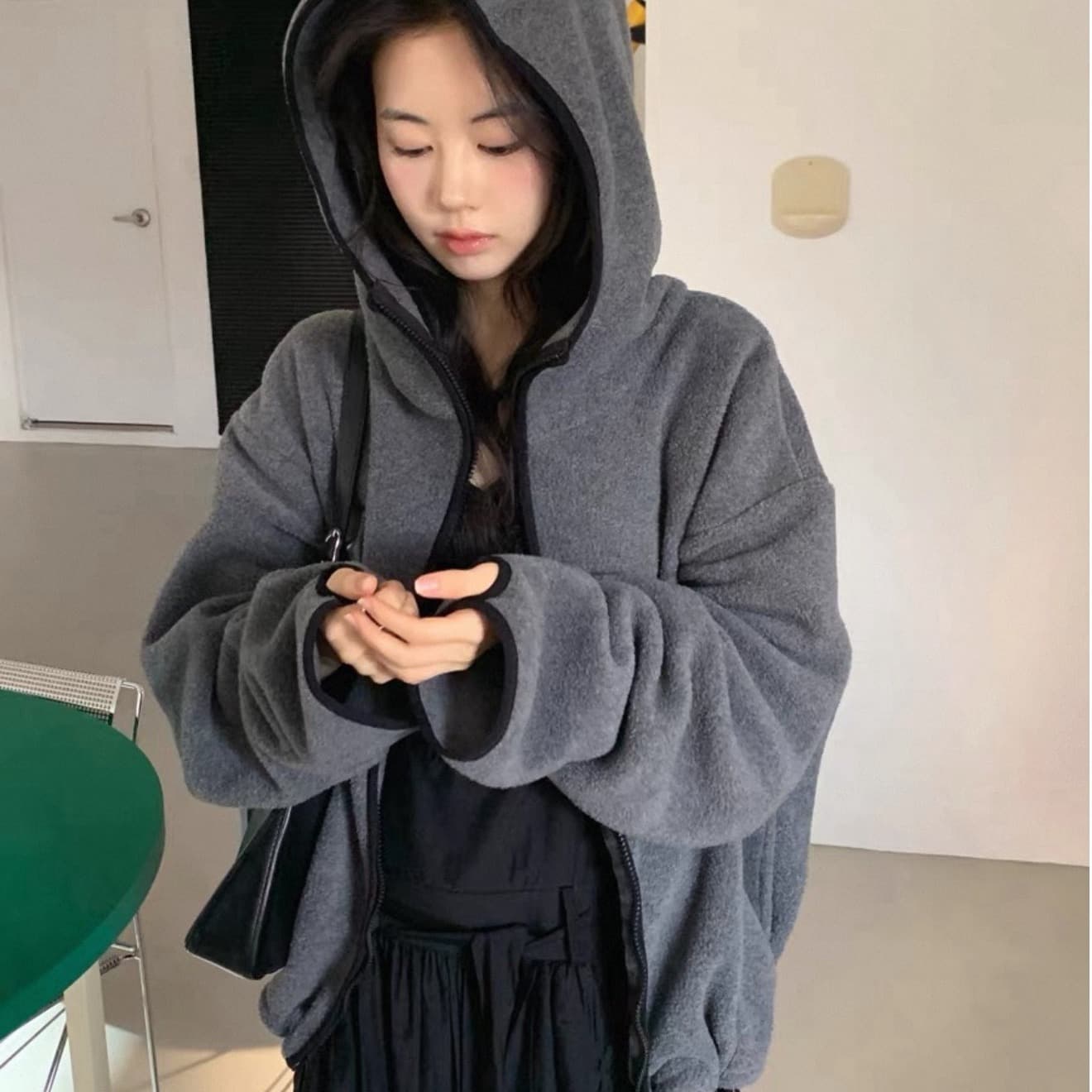 한국 동대문 배색 레트로 기능 중성 플리스 후드 지퍼 보온 후드티 이미지 2