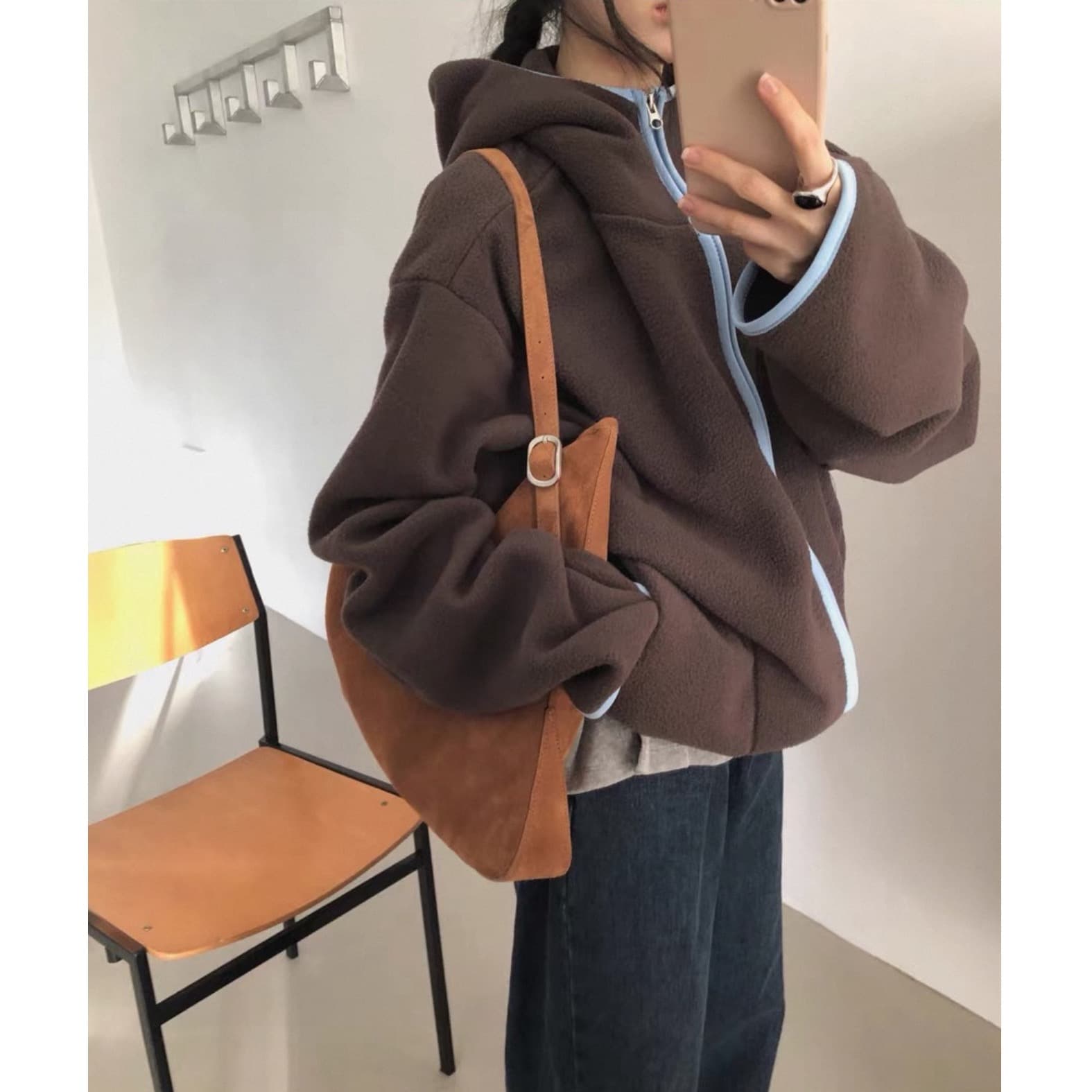 한국 동대문 배색 레트로 기능 중성 플리스 후드 지퍼 보온 후드티 상세 이미지 35