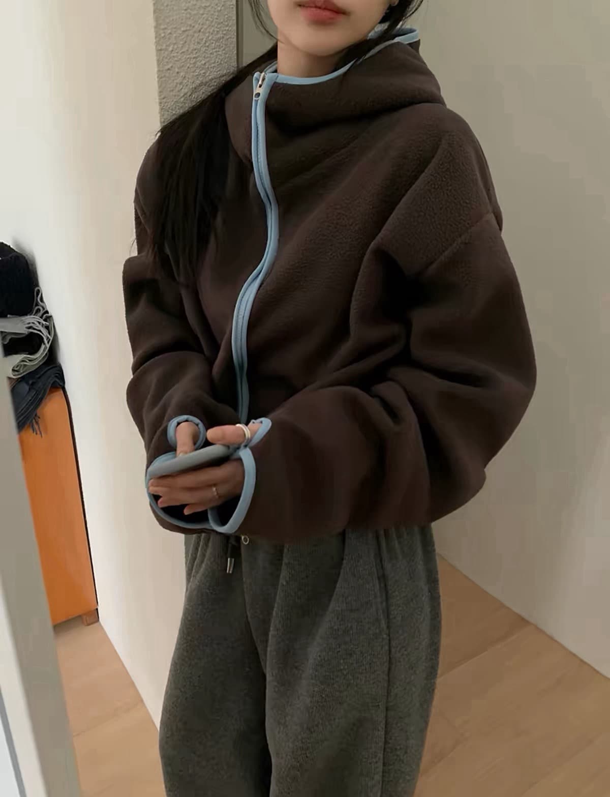 한국 동대문 배색 레트로 기능 중성 플리스 후드 지퍼 보온 후드티 상세 이미지 36