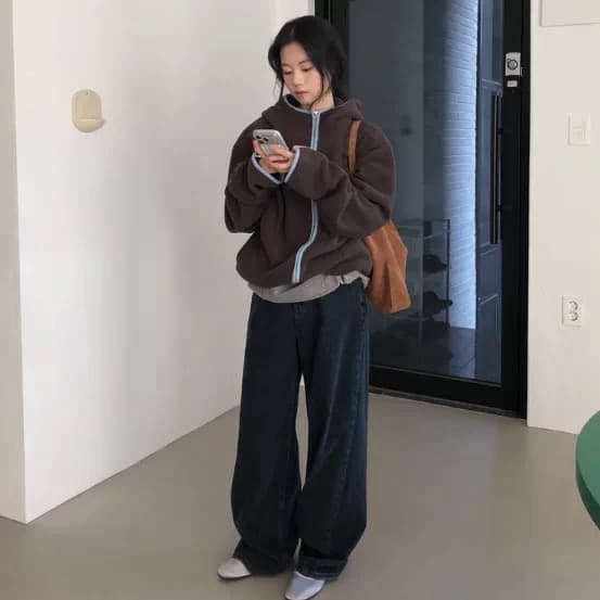 한국 동대문 배색 레트로 기능 중성 플리스 후드 지퍼 보온 후드티 상세 이미지 39