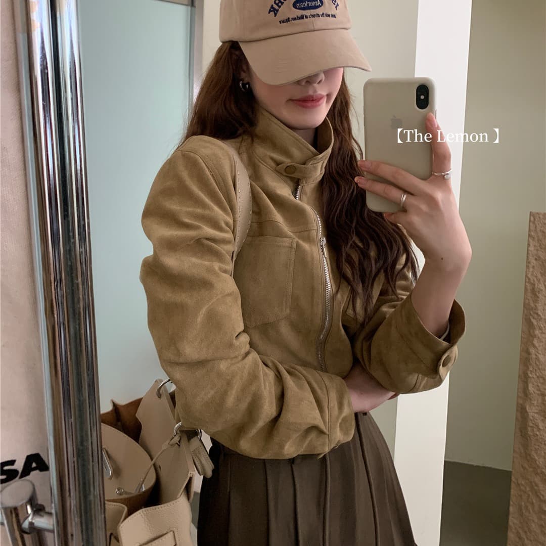 한국 스타일 레트로 디자인 센스 사슴 캐시미어 짧은 외투 지퍼 여성 가을 품격 슬림해 보이는 스탠드 칼라 오토바이 외투 이미지 2