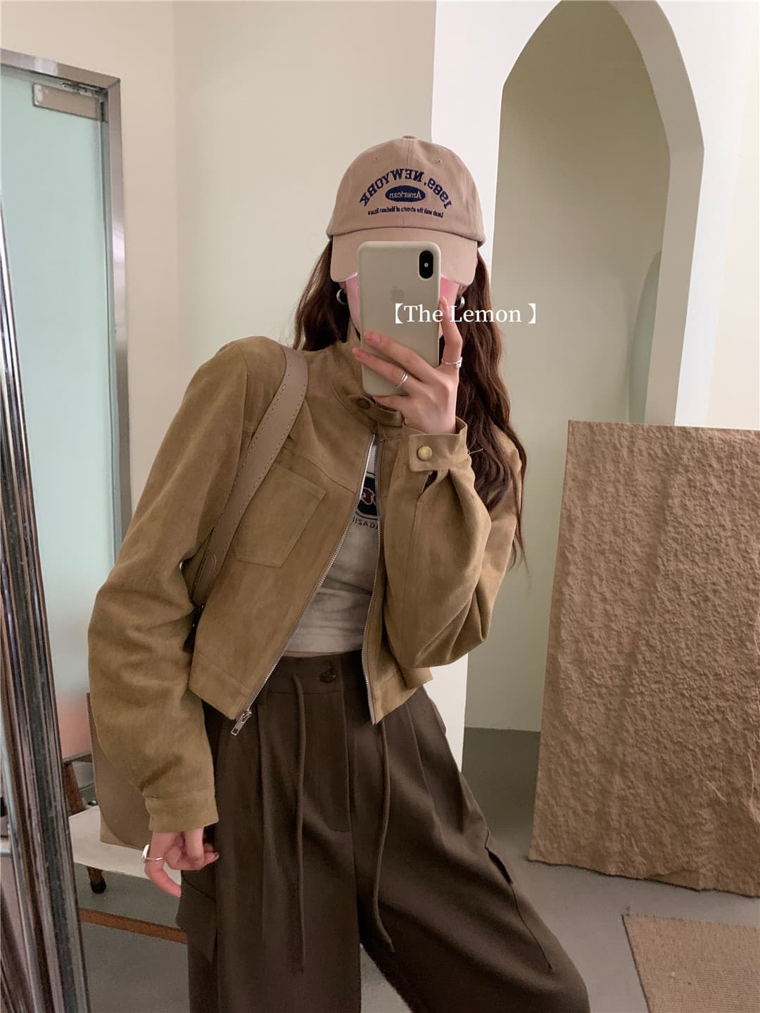 한국 스타일 레트로 디자인 센스 사슴 캐시미어 짧은 외투 지퍼 여성 가을 품격 슬림해 보이는 스탠드 칼라 오토바이 외투 상세 이미지 4