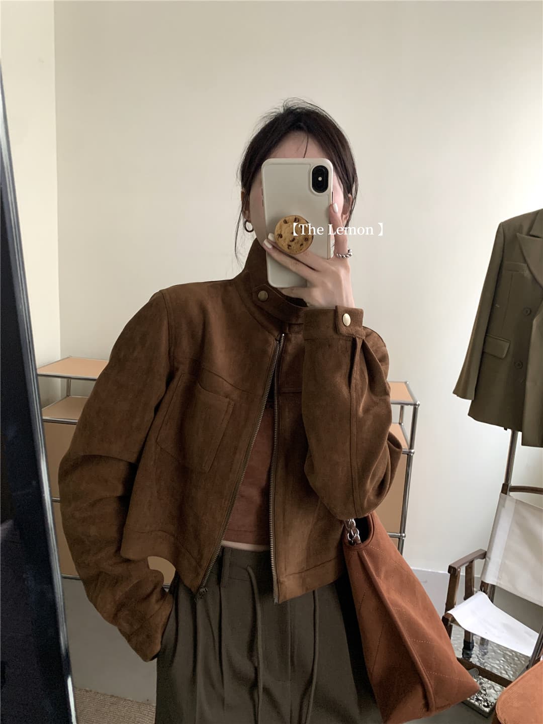 한국 스타일 레트로 디자인 센스 사슴 캐시미어 짧은 외투 지퍼 여성 가을 품격 슬림해 보이는 스탠드 칼라 오토바이 외투 상세 이미지 9