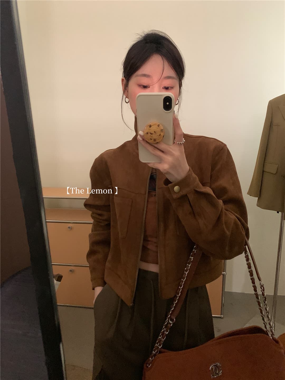 한국 스타일 레트로 디자인 센스 사슴 캐시미어 짧은 외투 지퍼 여성 가을 품격 슬림해 보이는 스탠드 칼라 오토바이 외투 상세 이미지 11