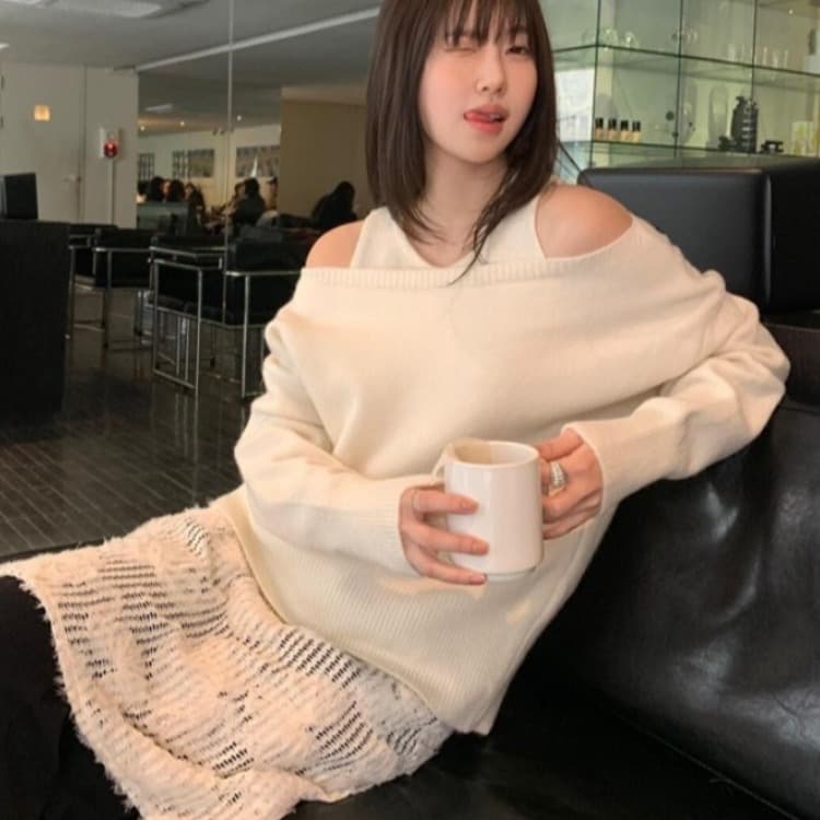 한국 스타일 투피스 세트 대 라운드 넥 루즈핏 오프숄더 다용도 캐주얼 스웨터 니트 뒤로 부드러운 마음 찹쌀 프로 피부