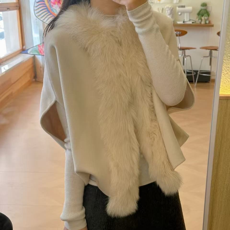 한 부서 천 금빛 바람 모방 여우 모피 칼라 루즈핏 쇼트 스타일 부드러운 민소매 숄 스웨터 이미지 2