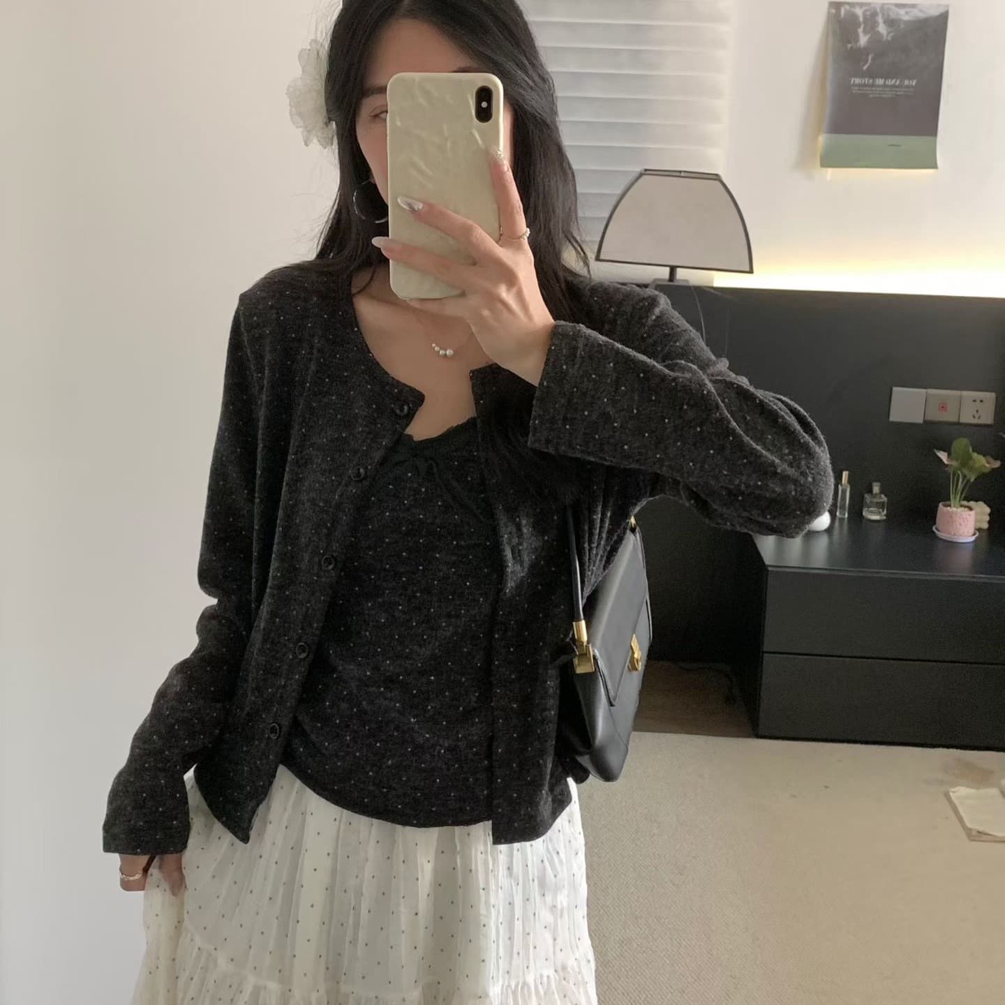 달콤함 꽃무늬 프린트 단추 긴팔 오픈 가디건 여성 가을 나비 매듭 레이스 조각 캐미솔 투피스 세트 이미지 4