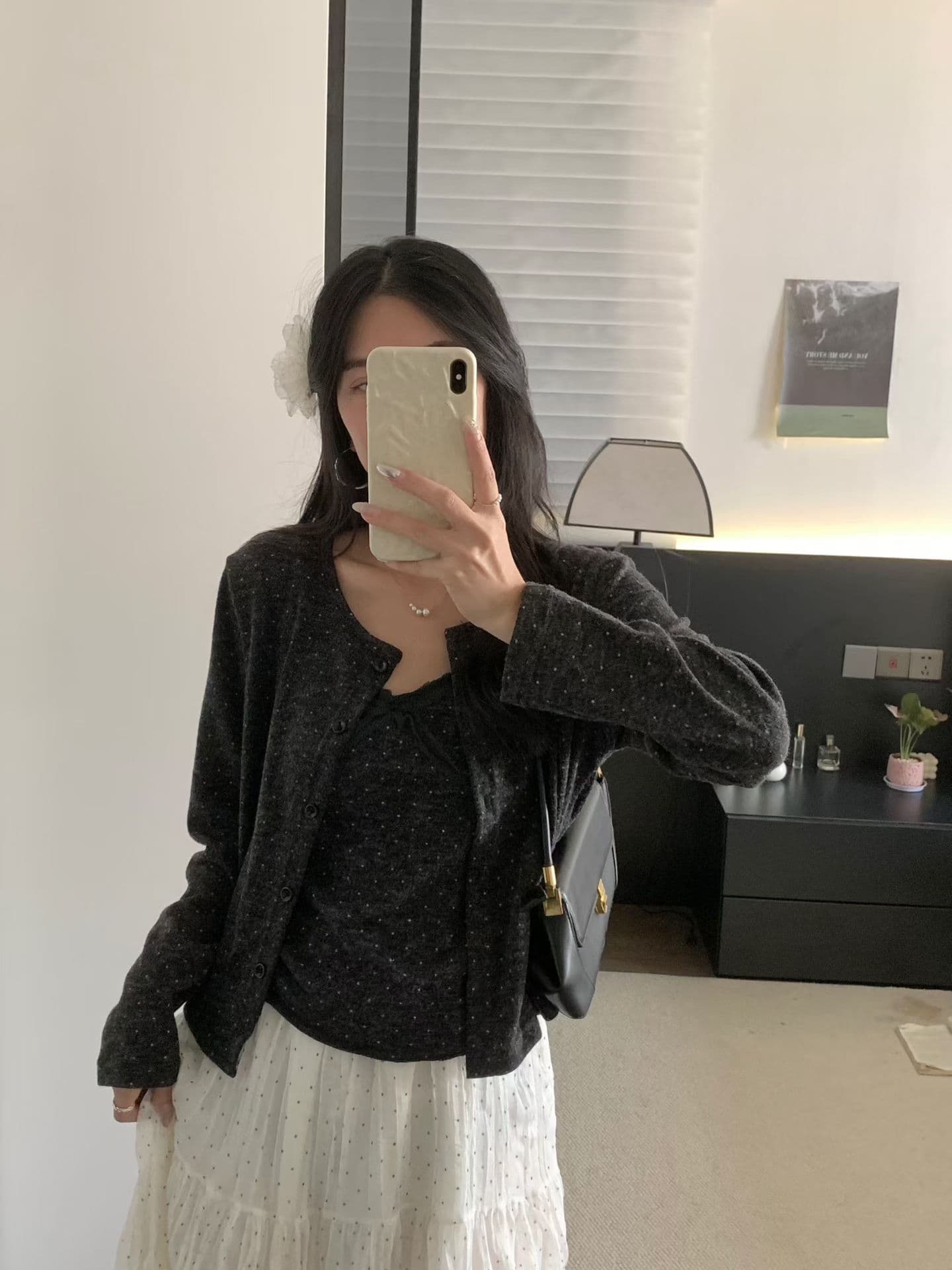 달콤함 꽃무늬 프린트 단추 긴팔 오픈 가디건 여성 가을 나비 매듭 레이스 조각 캐미솔 투피스 세트 상세 이미지 4