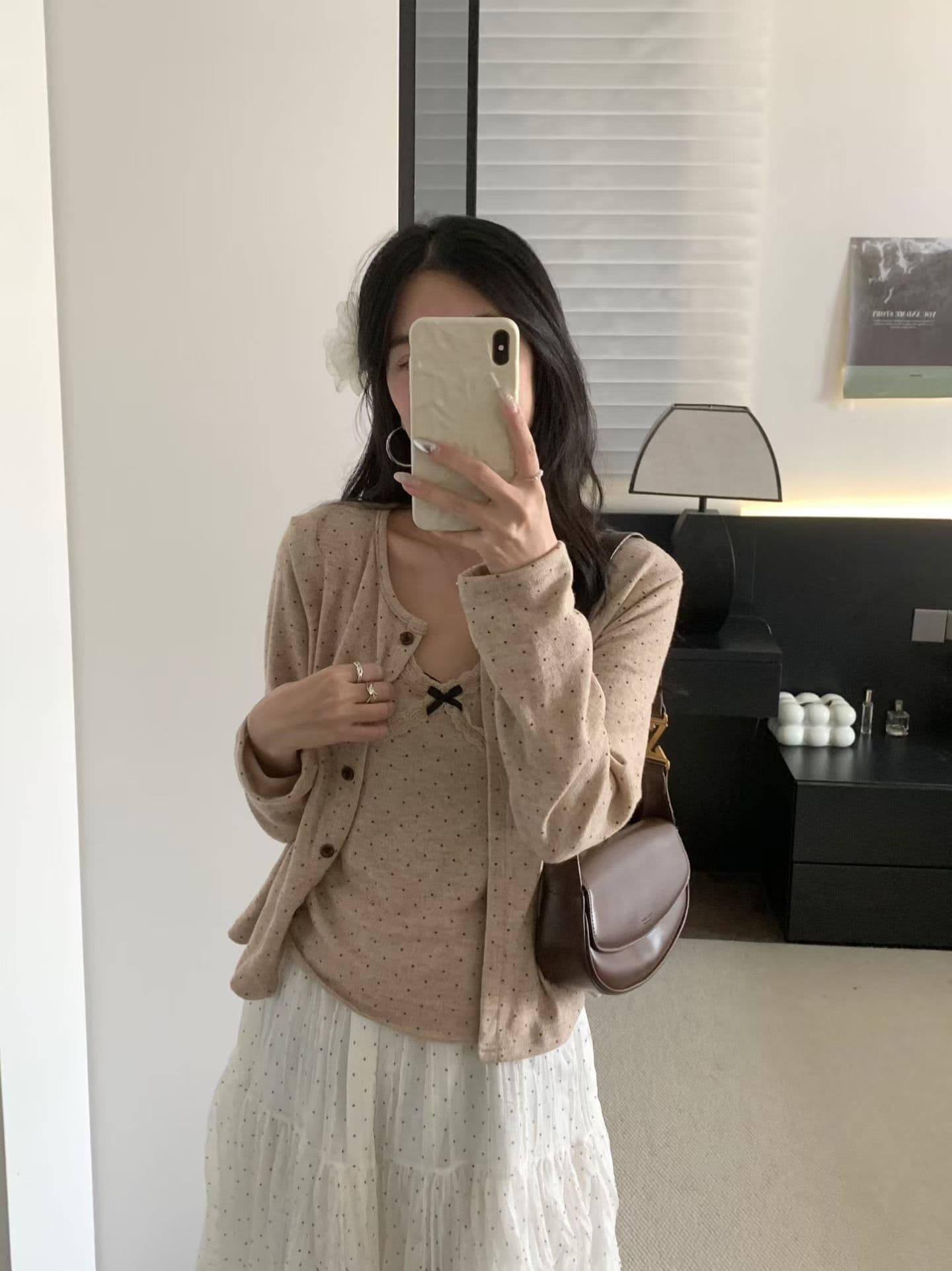 달콤함 꽃무늬 프린트 단추 긴팔 오픈 가디건 여성 가을 나비 매듭 레이스 조각 캐미솔 투피스 세트 상세 이미지 10