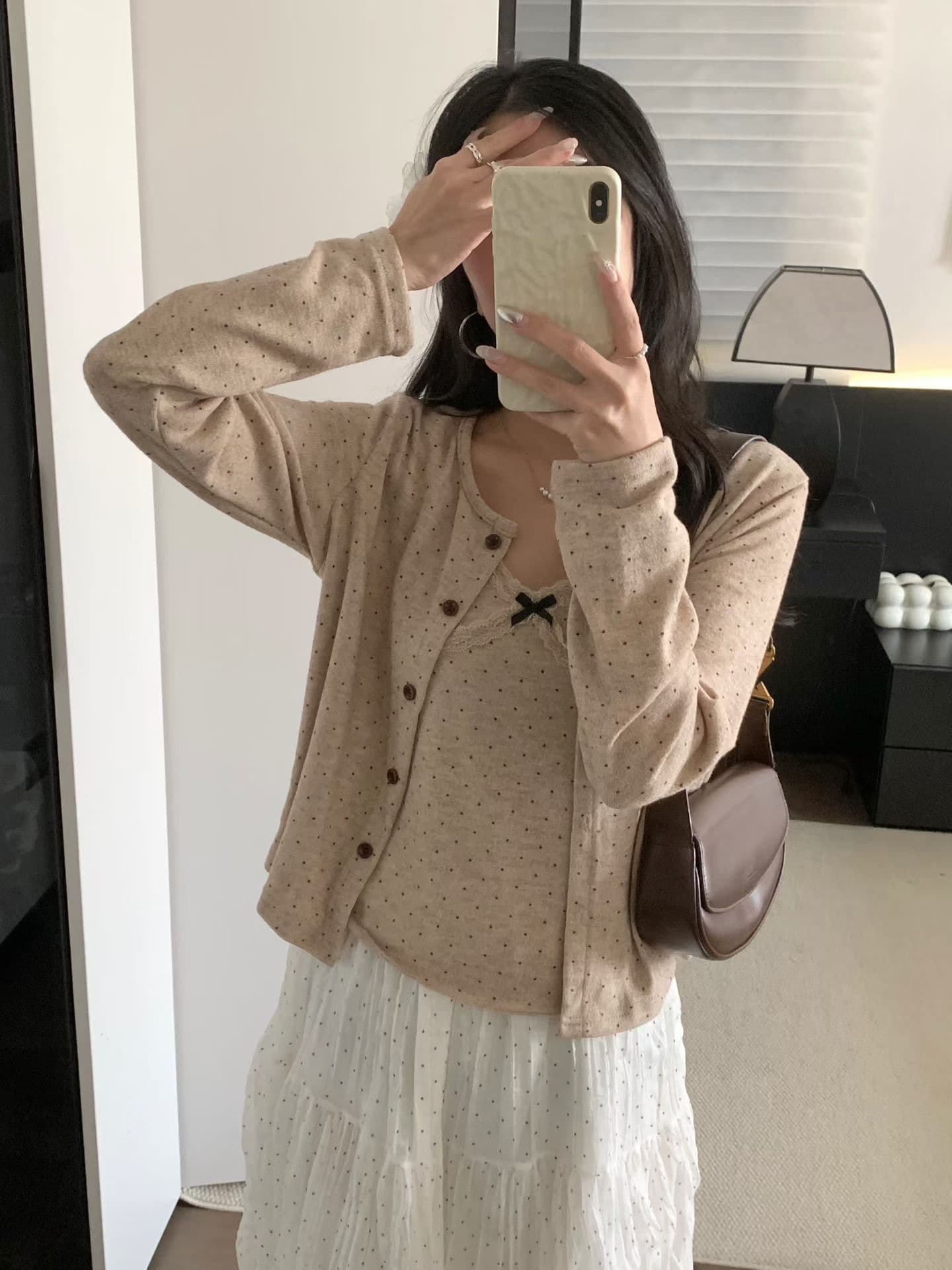 달콤함 꽃무늬 프린트 단추 긴팔 오픈 가디건 여성 가을 나비 매듭 레이스 조각 캐미솔 투피스 세트 상세 이미지 12