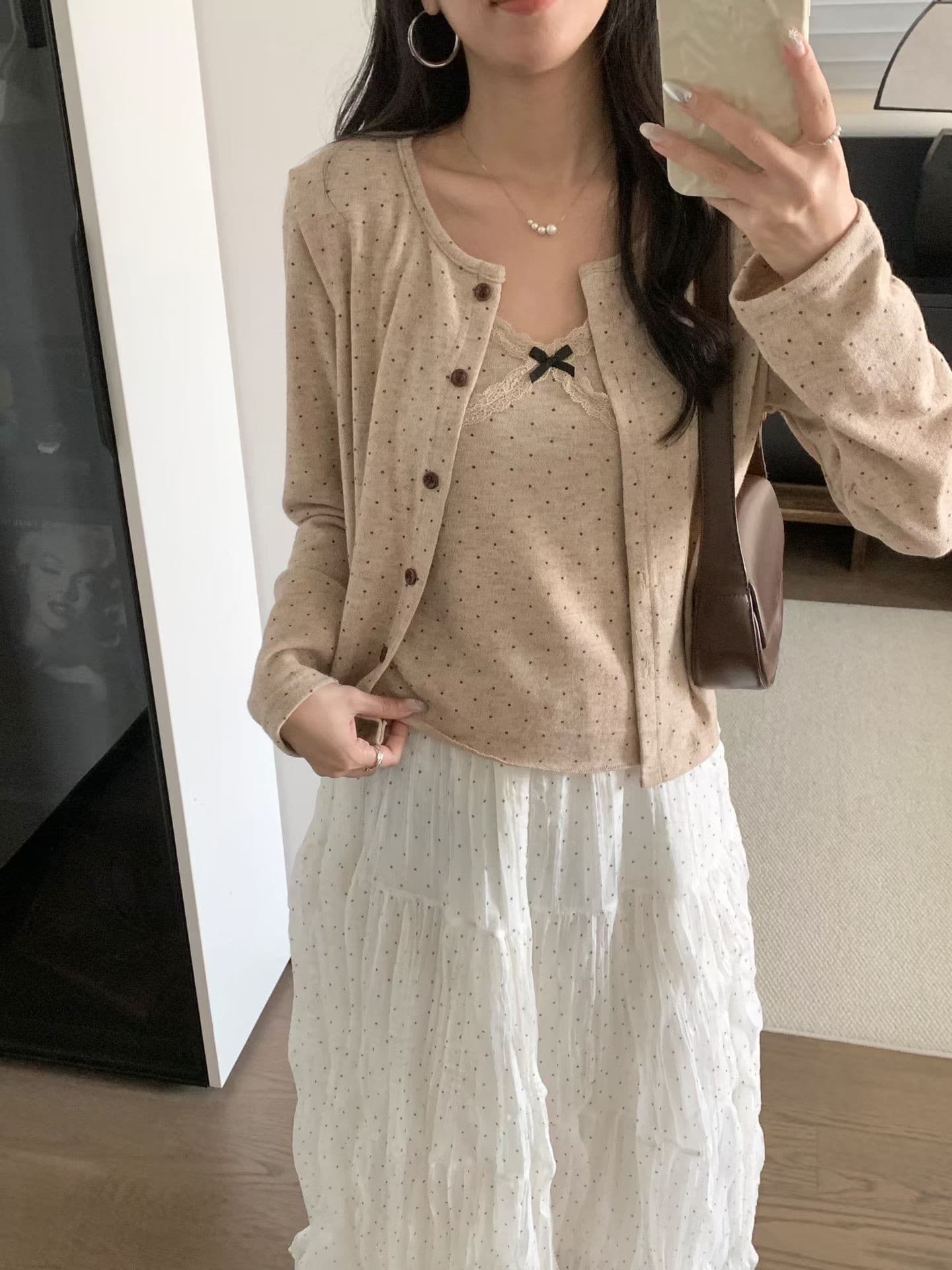 달콤함 꽃무늬 프린트 단추 긴팔 오픈 가디건 여성 가을 나비 매듭 레이스 조각 캐미솔 투피스 세트 상세 이미지 14