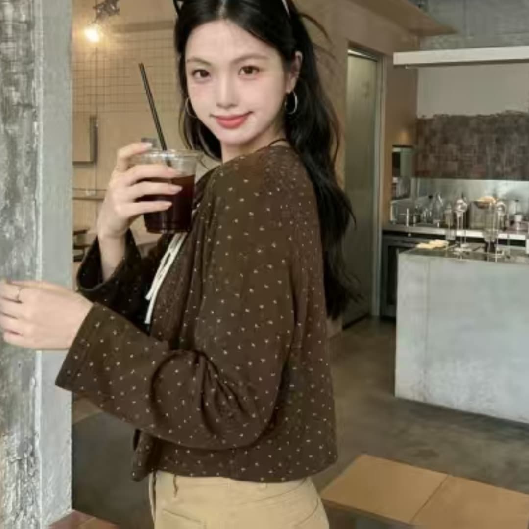 한 부서 달콤함 연령 감소 회색 깨진 느낌 긴팔 오픈 가디건 여성 가을 나비 넥타이 캐미솔 투피스 세트 이미지 4