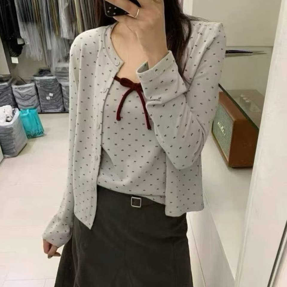 한 부서 달콤함 연령 감소 회색 깨진 느낌 긴팔 오픈 가디건 여성 가을 나비 넥타이 캐미솔 투피스 세트 이미지 3