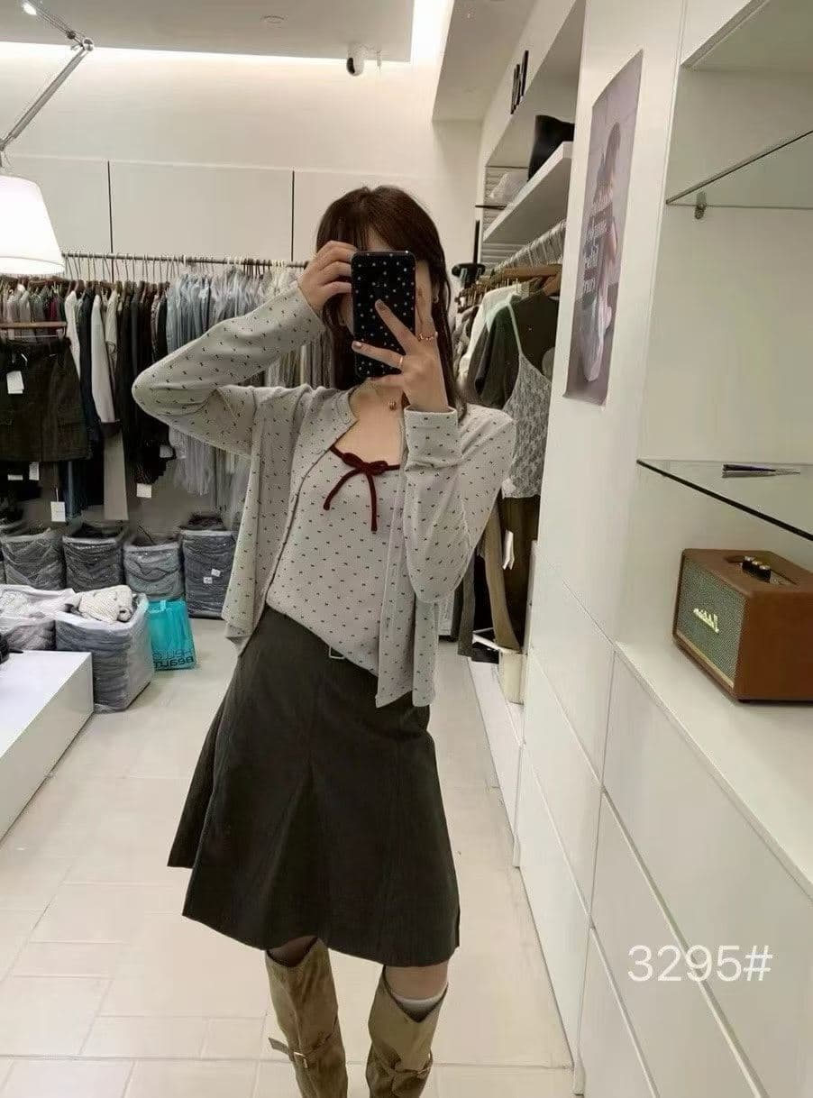 한 부서 달콤함 연령 감소 회색 깨진 느낌 긴팔 오픈 가디건 여성 가을 나비 넥타이 캐미솔 투피스 세트 상세 이미지 1