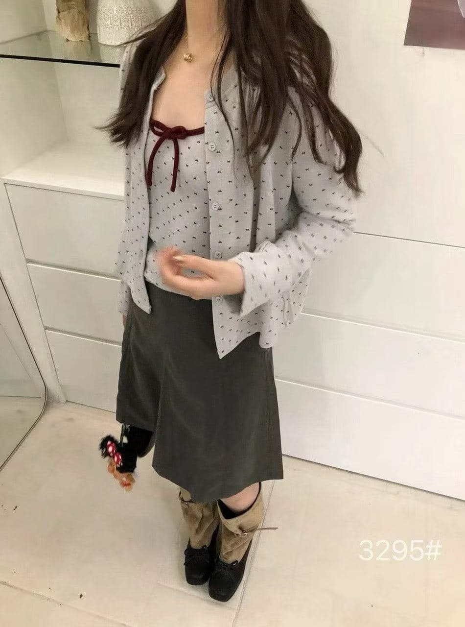 한 부서 달콤함 연령 감소 회색 깨진 느낌 긴팔 오픈 가디건 여성 가을 나비 넥타이 캐미솔 투피스 세트 상세 이미지 2