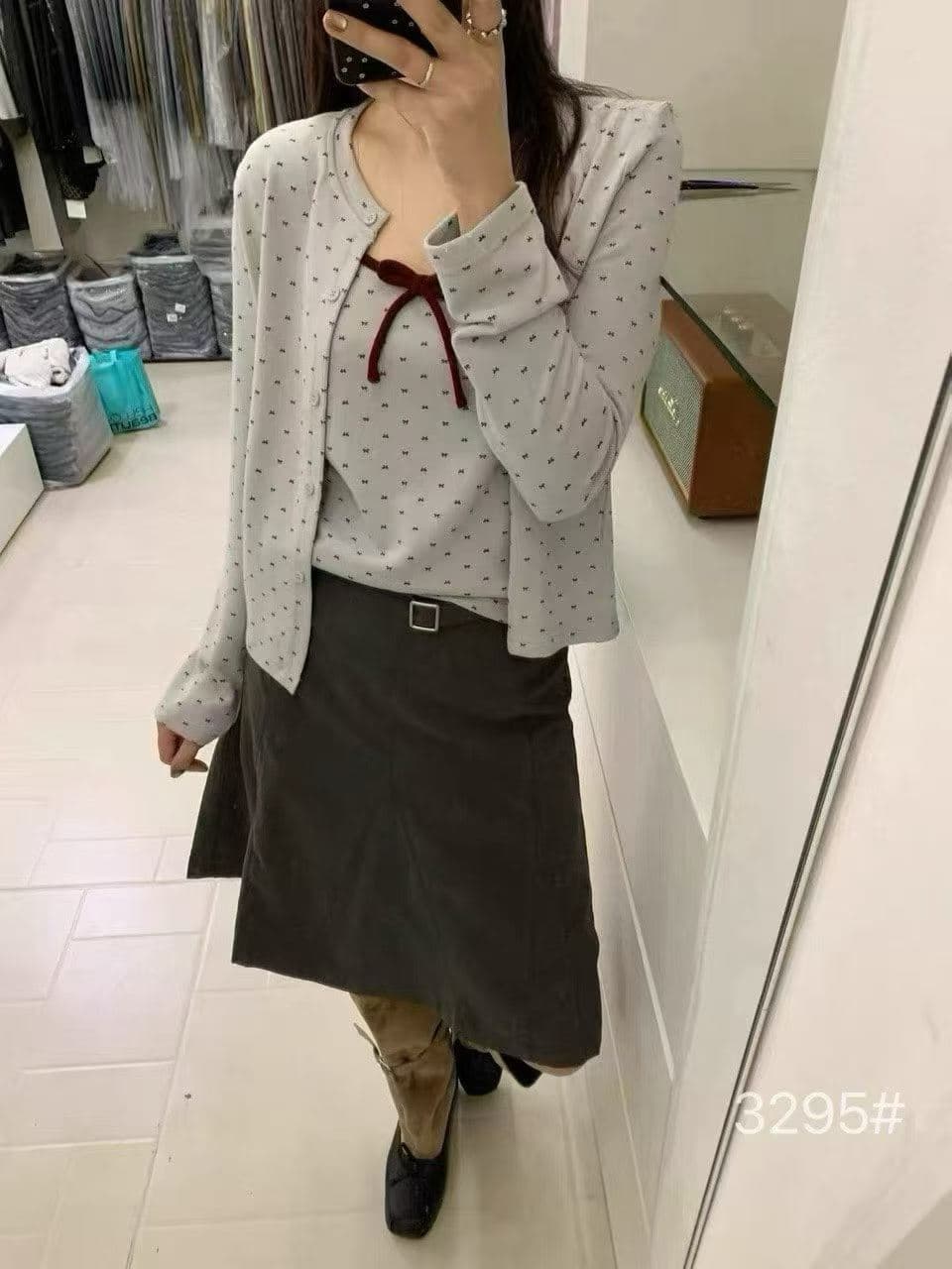 한 부서 달콤함 연령 감소 회색 깨진 느낌 긴팔 오픈 가디건 여성 가을 나비 넥타이 캐미솔 투피스 세트 상세 이미지 6