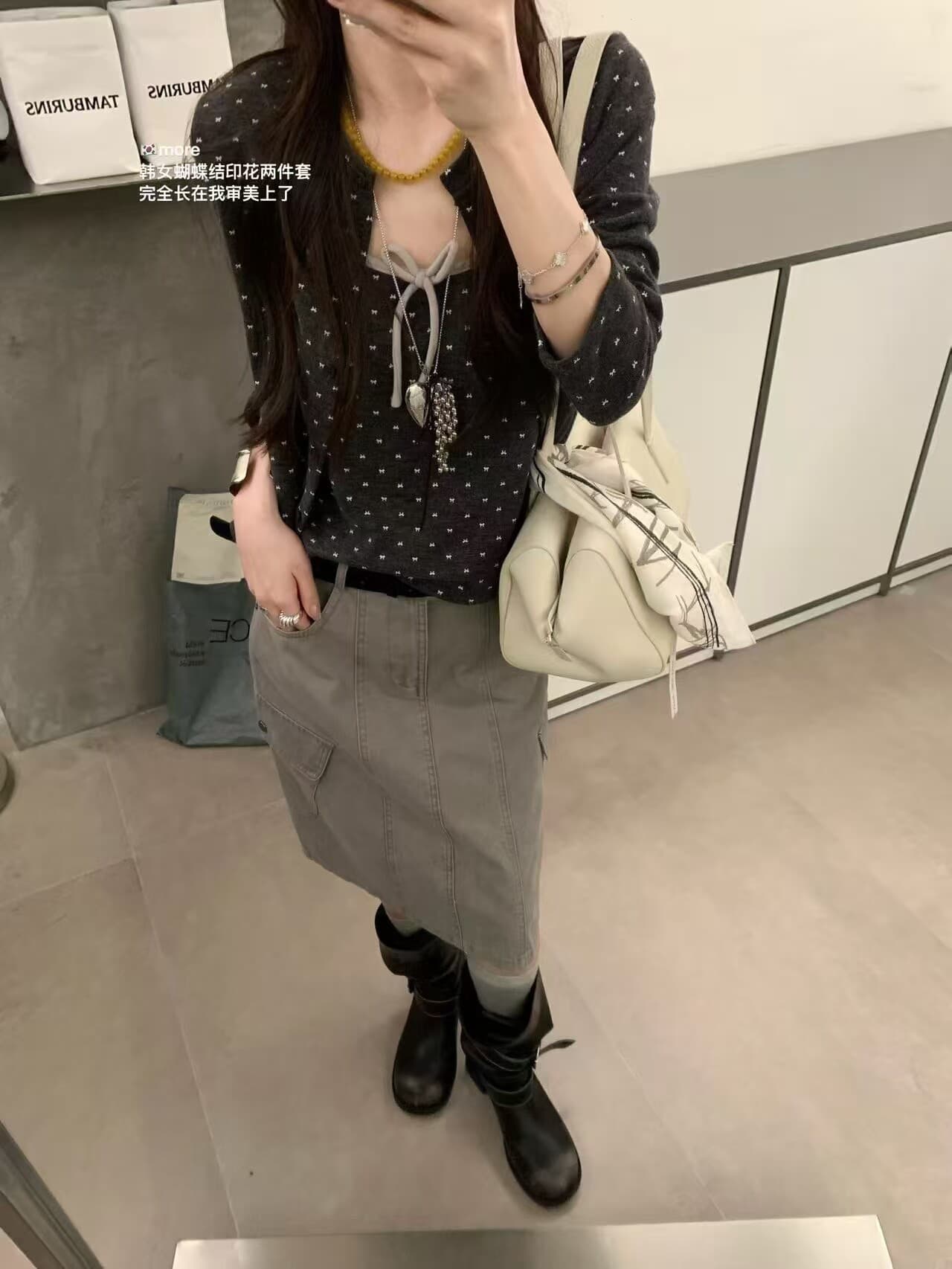 한 부서 달콤함 연령 감소 회색 깨진 느낌 긴팔 오픈 가디건 여성 가을 나비 넥타이 캐미솔 투피스 세트 상세 이미지 7