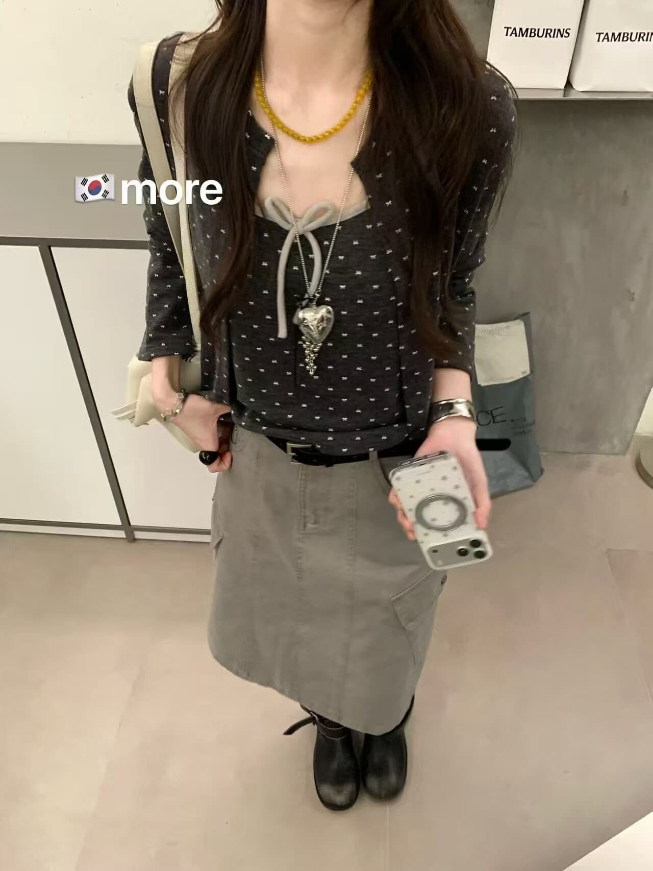 한 부서 달콤함 연령 감소 회색 깨진 느낌 긴팔 오픈 가디건 여성 가을 나비 넥타이 캐미솔 투피스 세트 상세 이미지 8