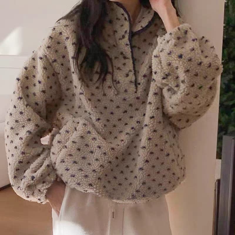 ins 바람 스탠드 칼라 도트 무늬 플리스 캐주얼 루즈핏 지퍼 재킷 후드티 플러시 셔츠