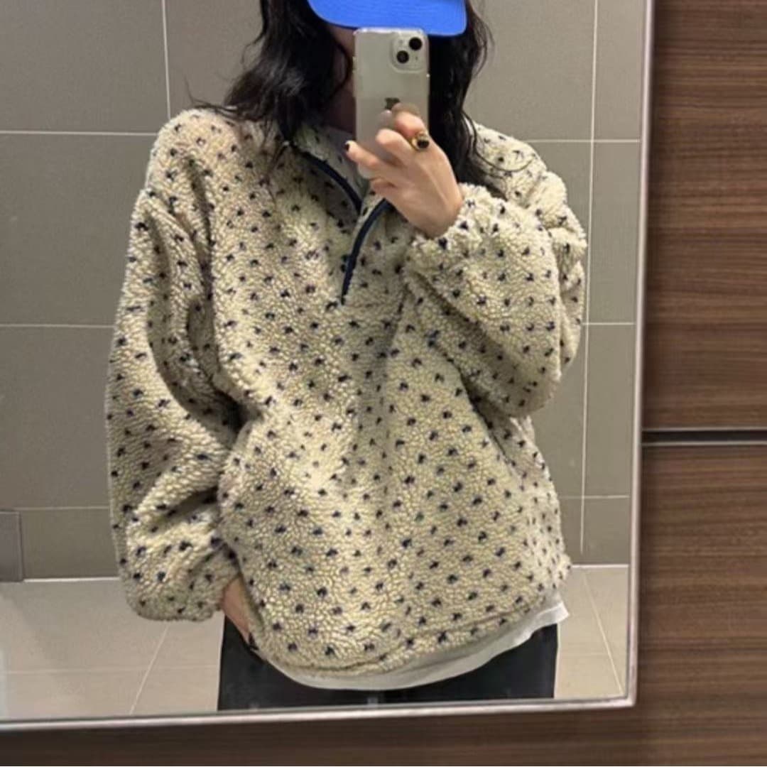 ins 바람 스탠드 칼라 도트 무늬 플리스 캐주얼 루즈핏 지퍼 재킷 후드티 플러시 셔츠 이미지 2