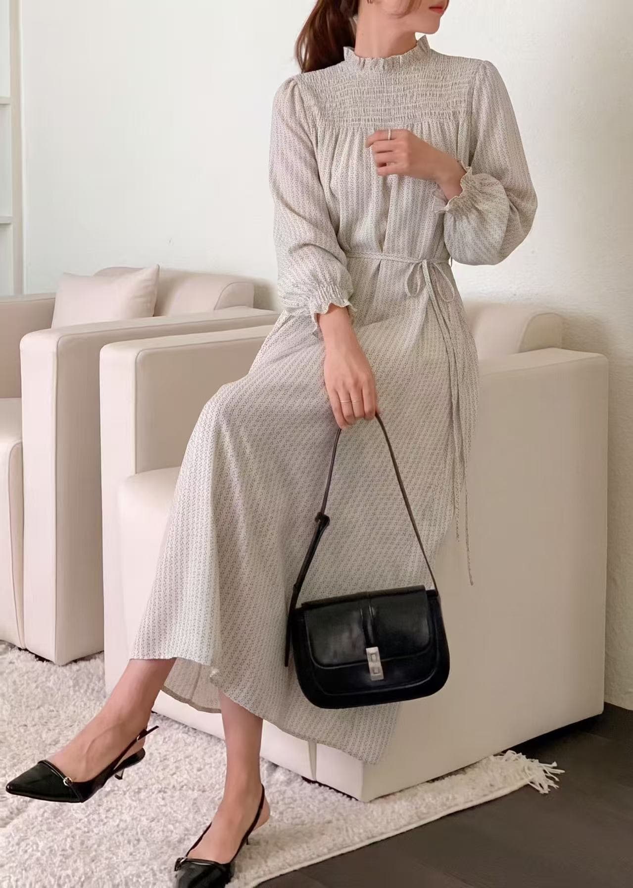 한국 chic 레트로 긴팔 도트 무늬 정장 대 치마 루즈핏 롱 스커트 상세 이미지 5