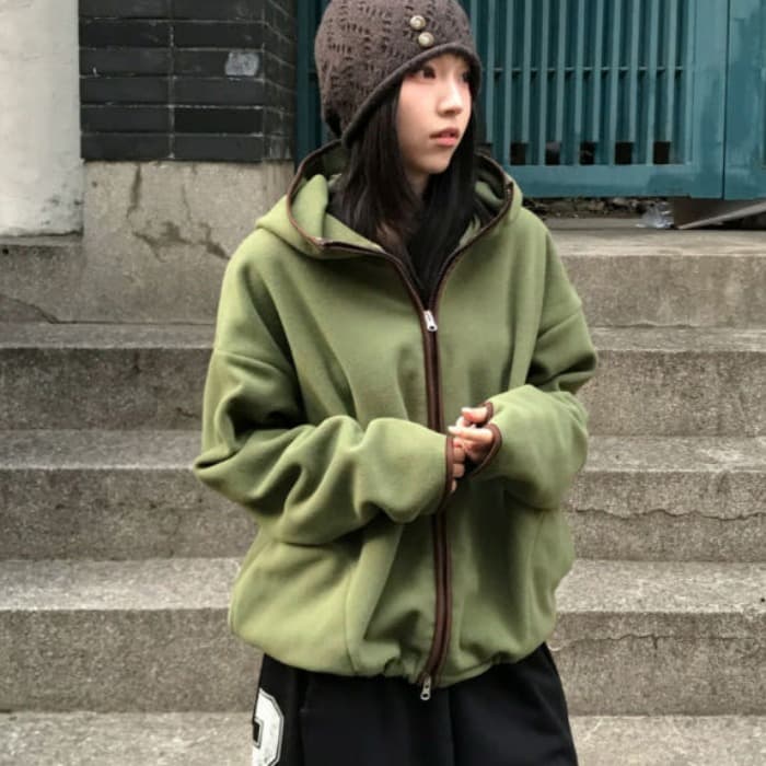 한국 동대문 배색 레트로 기능 중성 플리스 후드 지퍼 보온 후드티 이미지 2