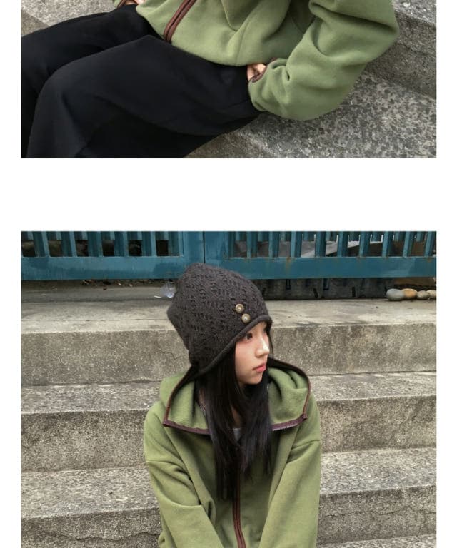 한국 동대문 배색 레트로 기능 중성 플리스 후드 지퍼 보온 후드티 상세 이미지 8