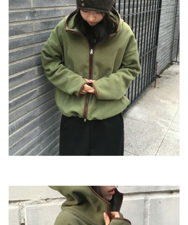 한국 동대문 배색 레트로 기능 중성 플리스 후드 지퍼 보온 후드티 상세 이미지 13