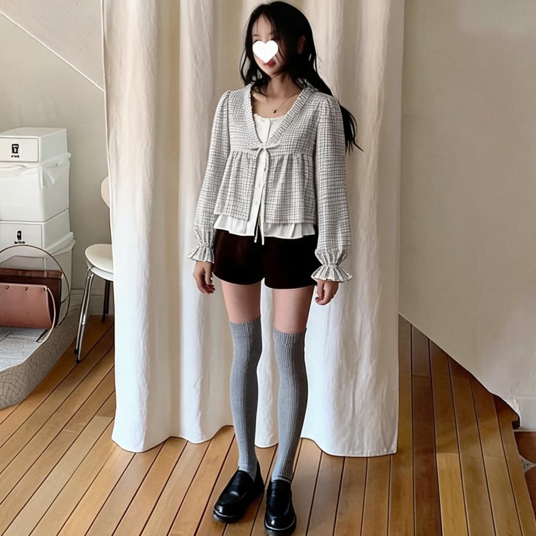 한 부서 ins 바람 체크무늬 페이크 레이어드 인형 셔츠 셔츠 이미지 3