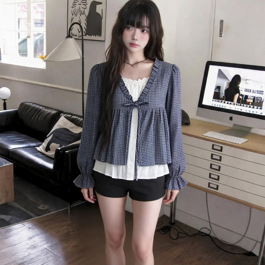 한 부서 ins 바람 체크무늬 페이크 레이어드 인형 셔츠 셔츠 이미지 2